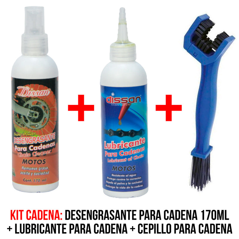 Kit Mantenimiento Cadena: Desengrasante para cadena 170ml + lubricante para cadena + cepillo para cadena