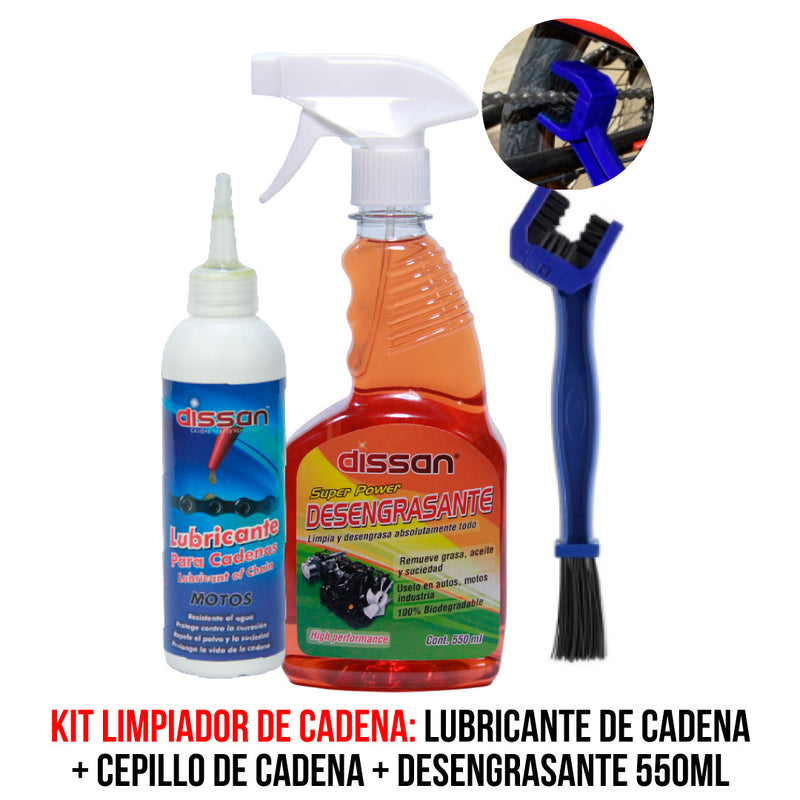 Kit Mantenimiento Cadena Premium: Lubricante 180ml  + Cepillo + Desengrasante 550ml